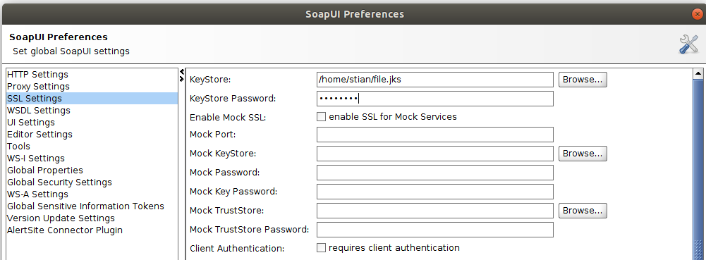 Screenshot of SoapUI settings showing how to set the keystore
